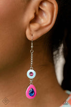 Load image into Gallery viewer, A Fuchsia Fedora gem, encircled by an enamel frame in the shade of Summer Song, swings whimsically from an elongated silver chain. Below the circular frame, a deep blue teardrop gem sparkles inside a border of bright pink enamel, for a flirtatious finish. Earring attaches to a standard fishhook fitting.