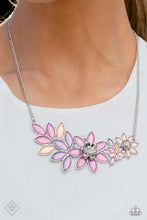 Load image into Gallery viewer, An explosion of glassy, marquise-cut petals, in shades of orchid, Peach Pink, and lavender, fan out below the collar to create a flowery statement piece. A sprinkling of rhinestones emerges between the petals, adding a dewy sparkle to the dreamy design, as larger rhinestones bloom from silver centers on two of the flowers in a whimsical 3D finish. Features an adjustable clasp closure. Includes one pair of matching earrings.