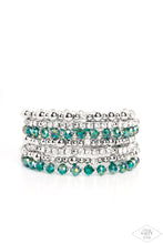 Load image into Gallery viewer, An icy collection of silver beads, cubes, opaque green crystals with an iridescent shimmer, and glassy white rhinestones are threaded along a coiled wire, creating a blinding infinity wrap style bracelet around the wrist. Due to its prismatic palette, color may vary. Sold as one individual bracelet.
