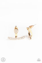 Load image into Gallery viewer, Encrusted in glassy white rhinestones, a dainty gold teardrop attaches to a double-sided post, designed to fasten behind the ear. Radiating with a row of glassy white rhinestones, a bowing gold frame peeks out beneath the ear for a bold look. Earring attaches to a standard post fitting. Sold as one pair of double-sided post earrings.