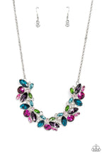 Load image into Gallery viewer, Featuring pronged silver fittings, a sparkly series of marquise-cut rhinestones in varying sizes and opacities are splashed in hues of purple, blue, light blue, baby pink, pink, and green as they fan out below the collar for a vibrant statement. Fuchsia and white round gems in varying sizes sporadically cluster around the marquise-cuts for additional shimmer in the geometric, refined display. Sold as one individual necklace. Includes one pair of matching earrings.