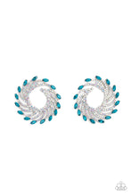 Load image into Gallery viewer, Shimmery strands of silver spin out from an airy center, creating an exaggerated firework-like display at the ear. An explosion of dainty iridescent rhinestones lines the swirls and curves of the shimmery display leading the eye to the collection of aquamarine marquise-cut gems at its ends. Each aquamarine marquise-cut gem curls around the ear in a clock-like manner, creating additional eye-catching dimension. Earring attaches to a standard post fitting. Sold as one pair of post earrings.