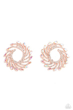 Load image into Gallery viewer, Shimmery strands of shiny copper spin out from an airy center, creating an exaggerated firework-like display at the ear. An explosion of dainty white rhinestones lines the swirls and curves of the shimmery display leading the eye to the collection of iridescent marquise-cut gems at its ends. Each iridescent marquise-cut gem curls around the ear in a clock-like manner, creating additional eye-catching dimension. Earring attaches to a standard post fitting. Due to its prismatic palette, color may vary.