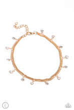 Load image into Gallery viewer, A fringe of dainty pearls and white gems pressed into sleek gold frames wraps around the ankle on a dainty gold chain, creating a glittery, oceanic statement. A second dainty gold chain adds a high-sheen layer for a refined finish. Features an adjustable clasp closure. Sold as one individual anklet.