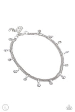 Load image into Gallery viewer, A fringe of dainty pearls and white gems pressed into sleek silver frames wraps around the ankle on a dainty silver chain, creating a glittery, oceanic statement. A second dainty silver chain adds a high-sheen layer for a refined finish. Features an adjustable clasp closure. Sold as one individual anklet.