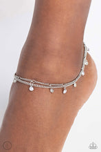 Load image into Gallery viewer, A fringe of dainty pearls and white gems pressed into sleek silver frames wraps around the ankle on a dainty silver chain, creating a glittery, oceanic statement. A second dainty silver chain adds a high-sheen layer for a refined finish. Features an adjustable clasp closure. Sold as one individual anklet.