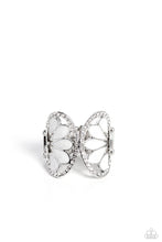 Load image into Gallery viewer, Two concaved half circle frames dotted with dainty white rhinestones meet in the center to create a glittering centerpiece atop the finger. Set in the airy frames, teardrops featuring white pearly paint in varying sizes creates a whimsical pop of color amidst the refined display. Features a stretchy band for a flexible fit. Sold as one individual ring.