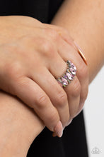Load image into Gallery viewer, A row of glassy pink marquise-cut rhinestones, encased in dainty silver-pronged fittings, alternate with dainty iridescent rhinestone bars as they connect across the finger, creating a knockout kaleidoscope of color. Features a dainty stretchy band for a flexible fit. Due to its prismatic palette, color may vary. Sold as one individual ring.