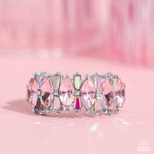 Load image into Gallery viewer, A row of glassy pink marquise-cut rhinestones, encased in dainty silver-pronged fittings, alternate with dainty iridescent rhinestone bars as they connect across the finger, creating a knockout kaleidoscope of color. Features a dainty stretchy band for a flexible fit. Due to its prismatic palette, color may vary. Sold as one individual ring.
