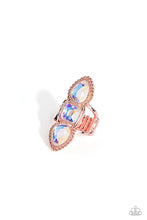 Load image into Gallery viewer, Featuring square and teardrop cuts, vivacious iridescent gems are pressed into a studded and sleek shiny copper frame, creating a stacked, grand display atop the finger. Airy shiny copper bands anchor the blinding bling to the finger for additional whimsical detail. Features a stretchy band for a flexible fit. Due to its prismatic palette, color may vary. Sold as one individual ring.