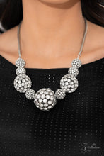 Load image into Gallery viewer, Glittery, white rhinestones cluster together, creating dramatically oversized, airy, spheres that sparkle vivaciously. Smaller rhinestone-encrusted spheres dance between the exaggerated accents, resulting in a dynamic display of texture and sheen. Features an adjustable clasp closure. Sold as one individual necklace. Includes one pair of matching earrings.