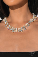 Load image into Gallery viewer, A treasure trove of textures and sheen emerges along the neckline, as a collection of beads, gems, and pearls group into haphazard clusters. From iridescent teardrops to glowing cat’s eyes, emerald-cut rhinestones to gold-flecked acrylics, new details emerge at every angle. Pronged fittings adorn each individual bead, adding hints of metallic sheen while emphasizing the design’s handcrafted character and vintage refinement.