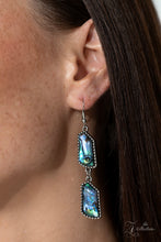 Load image into Gallery viewer, Abalone shells swirled in dreamy, reflective hues of blue, purple, and green are cut into abstract geometric shapes and set into studded silver frames. Silver chain links connect a row of shells that bows along the neckline, anchoring a cascade of pearlescent tassels that taper into a shimmery fringe. Features an adjustable clasp closure. Due to its prismatic palette, color may vary. Sold as one individual necklace. Includes one pair of matching earrings.
