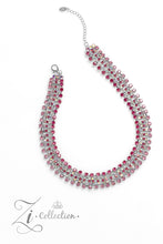 Load image into Gallery viewer, Row after row of glittery pink rhinestones fall along flexible bands of silver, encircling the neck in stunning shimmer. The top row showcases a fierce shade of fuchsia, which contrasts beautifully with the iridescent gems that layer below. Smaller fuchsia gems line the middle tier, playfully twinkling against the second row of iridescent gems that follows. Finally, a strand of light pink rhinestones lines the bottom row, elevating the colorful collar to sparkling new heights.