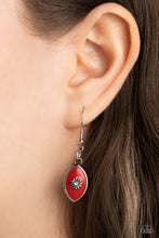 Load image into Gallery viewer, Featuring vibrant red paint, a collection of silver marquise-shaped frames gradually increase in size as they taper below the collar in a timeless fashion on a silver snake chain. Each frame is embossed with a delicate silver flower with a white rhinestone center, with the centermost pendant featuring three flowers, creating a glamorous array of whimsicality. Features an adjustable clasp closure. Sold as one individual necklace. Includes one pair of matching earrings.