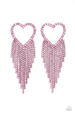 Load image into Gallery viewer, Glassy white rhinestones, encrusted along the front of a pink heart frame, create a flirty centerpiece. Staggered rows of white rhinestones pressed in delicate pink square fittings cascade from the sparkly centerpiece, adding glitzy movement to the romantic piece. Earring attaches to a standard post fitting. Sold as one pair of post earrings.