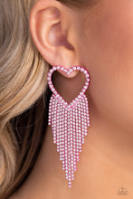 Load image into Gallery viewer, Glassy white rhinestones, encrusted along the front of a pink heart frame, create a flirty centerpiece. Staggered rows of white rhinestones pressed in delicate pink square fittings cascade from the sparkly centerpiece, adding glitzy movement to the romantic piece. Earring attaches to a standard post fitting. Sold as one pair of post earrings.