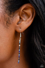 Load image into Gallery viewer, Featuring sleek square fittings, two strands of glittery, dainty multicolored blue rhinestones connect down the chest for a refined centerpiece. The interconnected rows delicately give way to free falling multicolored blue layers, creating additional strands of glitzy movement. Features an adjustable clasp closure. Sold as one individual necklace. Includes one pair of matching earrings.
