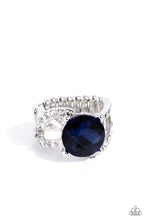 Load image into Gallery viewer, Glistening silver bars and white rhinestone-encrusted bands swirl across the finger, coalescing into an airy band. Featuring a regal faceted surface, a glittery blue gem is pressed into the center of the frame in silver-pronged fittings for a refined finish. Features a stretchy band for a flexible fit. Sold as one individual ring.