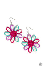 Load image into Gallery viewer, Layers of white seed bead petals, encased in seed bead frames of hot pink, tiffany, and lavender fan out from a hot pink seed bead center, blooming into a textured floral lure. Earring attaches to a standard fishhook fitting. Sold as one pair of earrings.