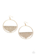 Load image into Gallery viewer, A curtain of white rhinestones is stretched between the edges of a skinny, oversized gold hoop, creating a shimmering display. The rhinestones taper towards the center as they sway and cascade, adding sparkly movement for a fierce industrial finish. Earring attaches to a standard fishhook fitting. Sold as one pair of earrings.