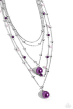 Load image into Gallery viewer, Dainty lavender pearls, silver beads, and plum pearls trickle along an assortment of silver chains, creating shimmery layers across the chest. Two exaggerated plum pearly teardrops cascade from the bottom of the design for additional eye-catching detail. Features an adjustable clasp closure. Includes one pair of matching earrings.