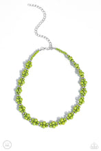 Load image into Gallery viewer, Dipped in an iridescent finish, varying sizes of green pearls cluster around the neckline in a dreamy pop of color. Dainty silver beads alternate along the collar and pearly clusters for a touch of industrial shimmer. Features an adjustable clasp closure. Due to its prismatic palette, color may vary. Featured inside The Preview at Made for More! Sold as one individual choker necklace. Includes one pair of matching earrings.