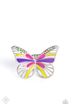 Load image into Gallery viewer, Featuring Fuchsia Fedora, Love Bird, purple, and baby pink details, an oversized, silver butterfly flutters atop airy silver bands. Dainty multicolored and iridescent rhinestones dust the upper curves of the silver wings for a dazzling centerpiece atop the finger. Features a stretchy band for a flexible fit. Due to its prismatic palette, color may vary. Sold as one individual ring.
