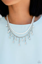 Load image into Gallery viewer, Featuring a white rhinestone square-fitting chain, white teardrop-cut gems, bordered in silver pronged fittings, swing from streams of glittery rhinestones while solitaire teardrop gems drip in an alternating pattern. A strand of gleaming white pearls layers above the silver display for a luxurious finish around the collar. Features an adjustable clasp closure. Sold as one individual choker necklace. Includes one pair of matching earrings.