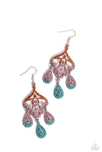 Load image into Gallery viewer, Three rhinestone-encrusted teardrops drip from the bottom of an ornate decorative frame, creating an elegant fringe. The decorative frame swirls with ombré rhinestones that go from orange to pink to blue shades in varying sizes for a timelessly over-the-top sparkle. Earring attaches to a standard fishhook fitting. Sold as one pair of earrings.