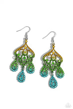Load image into Gallery viewer, Three rhinestone-encrusted teardrops drip from the bottom of an ornate decorative frame, creating an elegant fringe. The decorative frame swirls with ombré rhinestones that go from yellow to green to blue shades in varying sizes for a timelessly over-the-top sparkle. Earring attaches to a standard fishhook fitting. Sold as one pair of earrings.