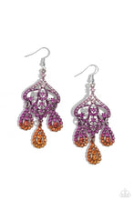 Load image into Gallery viewer, Three rhinestone-encrusted teardrops drip from the bottom of an ornate decorative frame, creating an elegant fringe. The decorative frame swirls with ombré rhinestones that go from pink to purple to orange shades in varying sizes for a timelessly over-the-top sparkle. Earring attaches to a standard fishhook fitting. Sold as one pair of earrings.