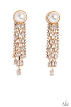 Load image into Gallery viewer, Gradually decreasing in length, strand after strand of glittery white rhinestones and emerald-cut white gems stream from gold fittings, creating a refined fringe that falls effortlessly from a solitaire oversized pearl for an elegant centerpiece. Earring attaches to a standard post fitting. Sold as one pair of post earrings.