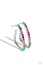 Load image into Gallery viewer, The front of a bold silver hoop is encrusted in multicolored rhinestones, creating a sparkly spectrum of color. The multicolored scalloped frame leisurely bends into an airy triangular frame for a geometric motif. Earring attaches to a standard post fitting. Hoop measures approximately 1/2" in diameter. Sold as one pair of hoop earrings.