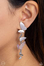Load image into Gallery viewer, Three butterflies with high-sheen silver wings and one pink iridescent-encrusted butterfly flutter down the ear, creating a free-spirited lure. Each butterfly swings in whimsical asymmetry, creating the look of butterflies flying in alternating directions. Earring attaches to a standard clip-on fitting. Due to its prismatic palette, color may vary. Sold as one pair of clip-on earrings.