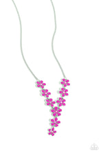 Load image into Gallery viewer, Dotted with iridescent rhinestone centers, whimsical Rose Violet paint flowers delicately link into an extended pendant below the collar for an ethereal fashion. Features an adjustable clasp closure. Due to its prismatic palette, color may vary. Sold as one individual necklace. Includes one pair of matching earrings.