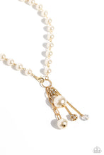 Load image into Gallery viewer, White pearls trickle below the collar attaching to a gold hoop as it nears the center of the chest. Accented with oversized white pearls, rhinestone-encrusted gold beads, faceted clear beads, and strands of gold chains cascade from the bottom of the gold hoop creating a charming, refined display. Features a clasp closure. Sold as one individual necklace. Includes one pair of matching earrings.
