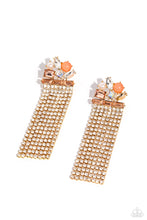 Load image into Gallery viewer, Featuring pronged gold fittings, a trio of peachy emerald-cut gems lay across the ear in a horizontal manner. Various peachy, white, and iridescent gems and a milky orange bead and white pearl haphazardly cluster up the ear from the horizontal layer for additional eye-catching detail. Strands of white rhinestones in sleek gold square fittings cascade from the emerald-cut layer, creating freefalling glitzy movement. Earring attaches to a standard post fitting. Sold as one pair of post earrings.