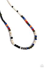 Load image into Gallery viewer, Colorful sections of multicolored beads and gray crackle bead accents adorn a strand of chiseled and round white marbled stones and stone beads, creating an earthy compliment below the collar. Features an adjustable clasp closure. As the stone elements in this piece are natural, some color variation is normal. Sold as one individual necklace.