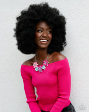 Load image into Gallery viewer, Dotted with dainty Harbor Blue, aquamarine, and rose rhinestone centers, dainty silver flowers bloom against a backdrop of glossy acrylic flowers in Aurora Pink, Rose Violet, Cattleya Orchid, and Spun Sugar hues. Each flower, varying in size, blossoms across a textured collection of silver leaves below the collar, invoking a festive spirit. Features an adjustable clasp closure. Sold as one individual necklace. Includes one pair of matching earrings.