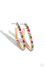 Load image into Gallery viewer, The front of a bold rose gold hoop is encrusted in multicolored rhinestones, creating a sparkly spectrum of color. The multicolored scalloped frame leisurely bends into an airy triangular frame for a geometric motif. Earring attaches to a standard post fitting. Hoop measures approximately 1/2" in diameter. Sold as one pair of hoop earrings.