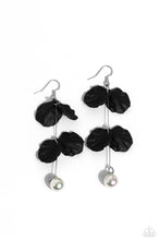 Load image into Gallery viewer, A glossy white pearl delicately links to the bottom of a sleek silver rod. Black acrylic petals cascade along the silver rod, adding a timeless twist to the classic pearl palette. Earring attaches to a standard fishhook fitting. Sold as one pair of earrings.