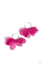 Load image into Gallery viewer, A small, skinny, shiny silver hoop curves around the ear in a timeless fashion. A shiny silver ball is affixed to the end of the hoop, reminiscent of a barbell fitting. A hot pink chiffon bow slides along the curvature of the hoop, creating a graceful pop of color. Earring attaches to a standard post fitting. Hoop measures approximately 1" in diameter. Sold as one pair of hoop earrings.