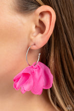 Load image into Gallery viewer, A small, skinny, shiny silver hoop curves around the ear in a timeless fashion. A shiny silver ball is affixed to the end of the hoop, reminiscent of a barbell fitting. A hot pink chiffon bow slides along the curvature of the hoop, creating a graceful pop of color. Earring attaches to a standard post fitting. Hoop measures approximately 1" in diameter. Sold as one pair of hoop earrings.