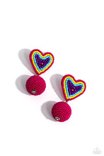 Load image into Gallery viewer, Featuring a hot pink pearl center, a hot pink, yellow, turquoise, and purple seed bead heart frame gives way to strands of hot pink seed beads that decoratively spin around a spherical frame, resulting in a colorful three-dimensional display. Earring attaches to a standard post fitting. Sold as one pair of post earrings.