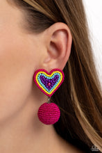 Load image into Gallery viewer, Featuring a hot pink pearl center, a hot pink, yellow, turquoise, and purple seed bead heart frame gives way to strands of hot pink seed beads that decoratively spin around a spherical frame, resulting in a colorful three-dimensional display. Earring attaches to a standard post fitting. Sold as one pair of post earrings.