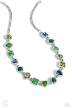 Load image into Gallery viewer, Featuring various shapes and shades of green, a collection of teardrop, round, heart, and square-cut gems in matching silver frames coalesce around the neckline for an abstract display of color and charm. Features an adjustable clasp closure. Sold as one individual choker necklace. Includes one pair of matching earrings.