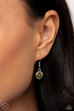 Load image into Gallery viewer, Featuring various shapes and shades of green, a collection of teardrop, round, heart, and square-cut gems in matching silver frames coalesce around the neckline for an abstract display of color and charm. Features an adjustable clasp closure. Sold as one individual choker necklace. Includes one pair of matching earrings.