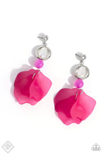 Load image into Gallery viewer, A silver stud gives way to a silver hoop with an iridescent-dipped baroque pearl center. A cloudy Radiant Orchid bead dangles below the ring while a collection of curved, Viva Magenta matte petals cluster into a whimsical lure for a colorful finish. Earring attaches to a standard fishhook fitting. Due to its prismatic palette, color may vary. Sold as one pair of post earrings.