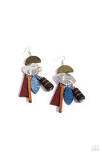 Load image into Gallery viewer, Featuring a variety of textures, patterns, and sheens, green half-moon and hammered abstract frames stack into an exotic-inspired lure. Textured, striped, shell, acrylic, and wooden accents in a motley of colors dangle from the stacked lure for a trendy fringe. Earring attaches to a standard fishhook fitting. Sold as one pair of earrings.